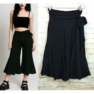 Y2K Louis Verdad Capri Pants Women 4 Black Super Flare Legs Waist Tie Fairy Goth